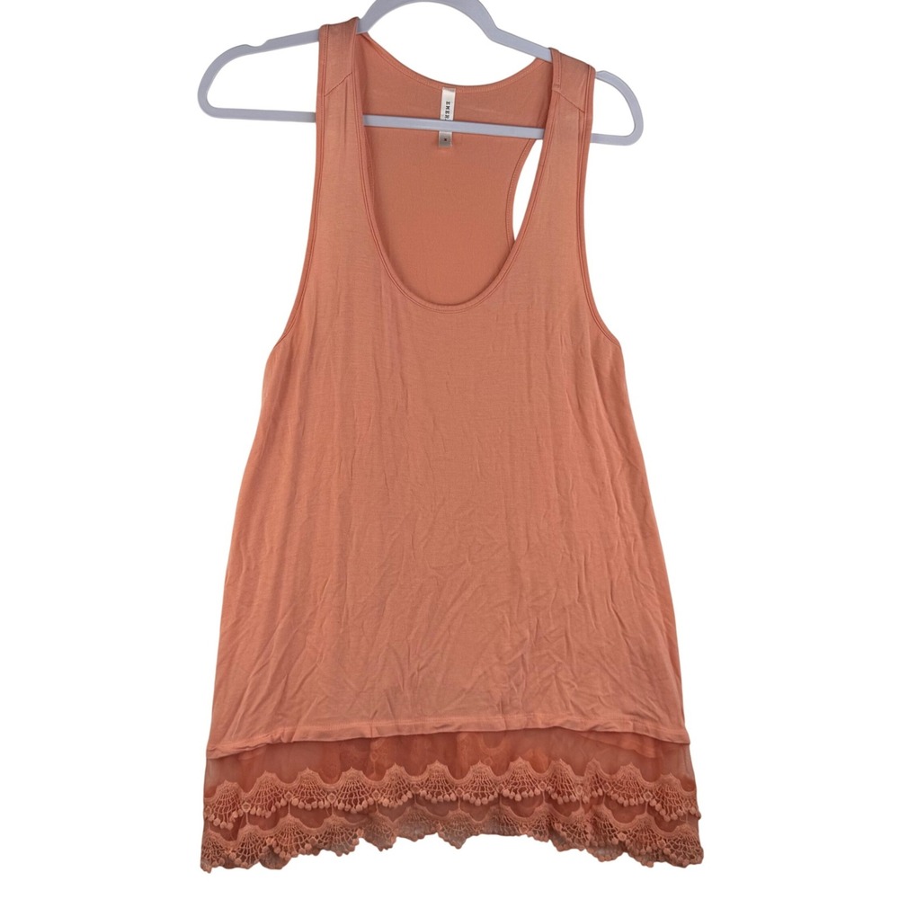Emerald Womens Peach Racerback Tank Top Crochet Lace Hem Medium USA Made